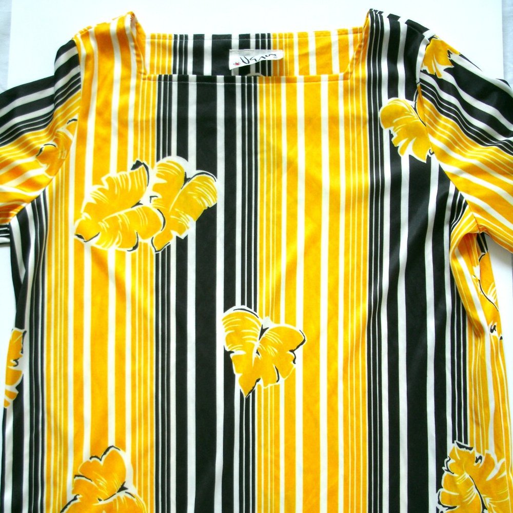 Vintage 70s Vera Neumann Blouse Yellow Black Stripe Boxy Tee Tropical Leaf